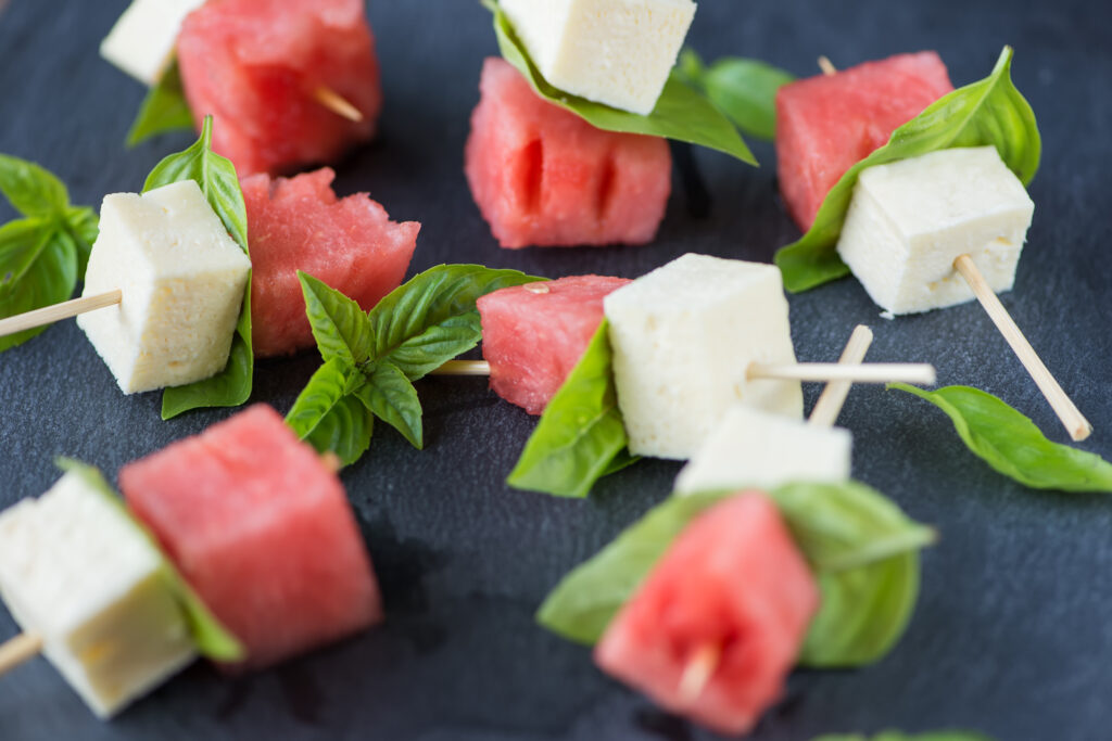 Skewers,With,Watermelon,,Basil,And,Mozarella - Iacofanos