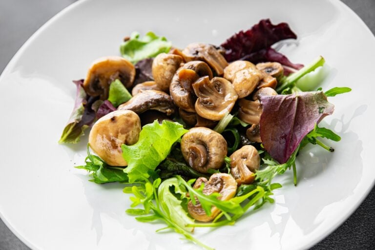Mushrooms pickled champignon salad snack fresh delicious gourmet food background