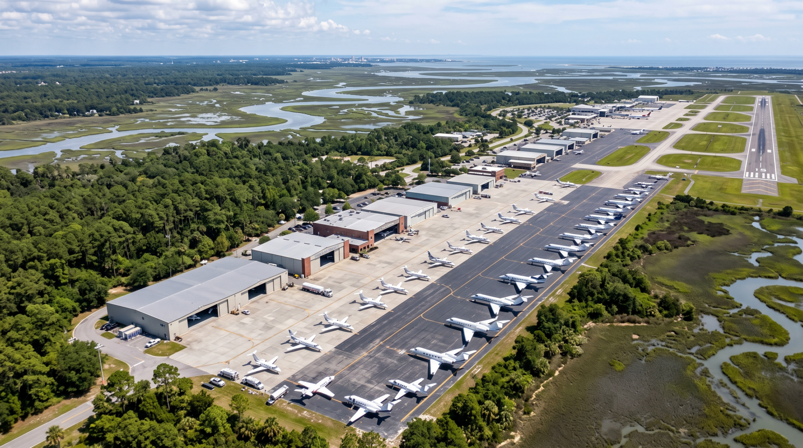 Charleston International Airport KCHS — aerial view of the general aviation ramp, hangars and surrounding Lowcountry salt marsh