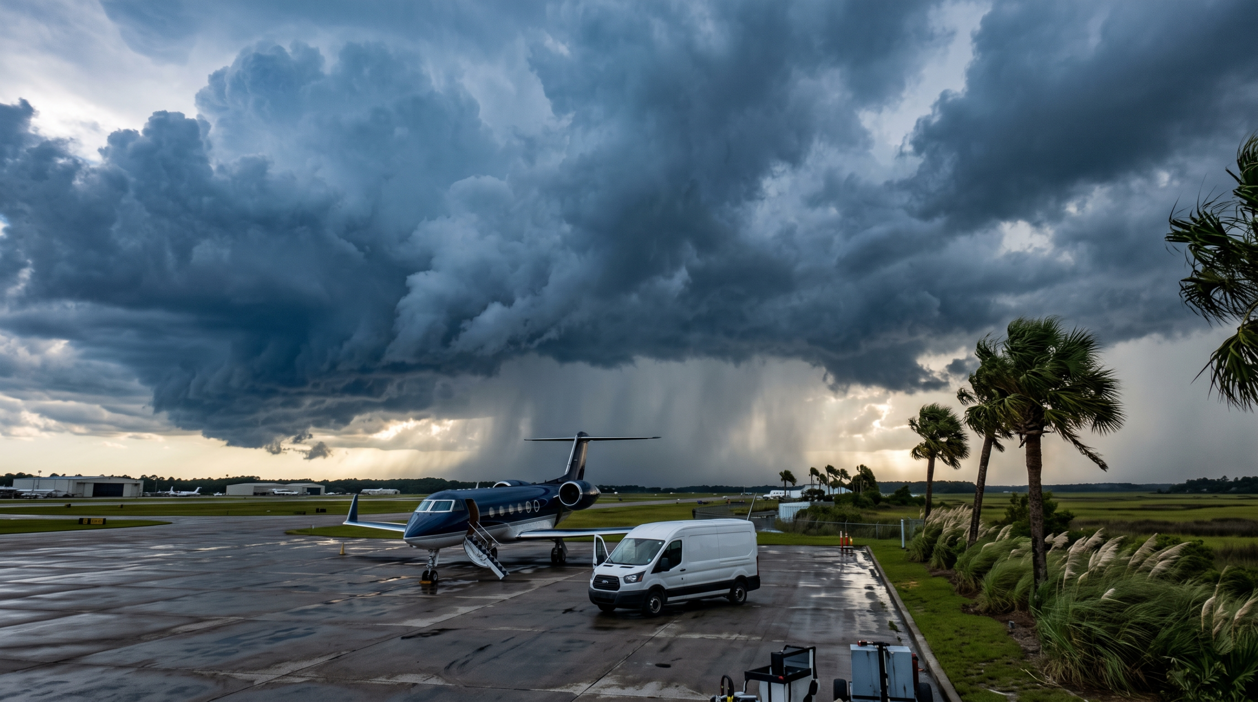 Hurricane season flight catering — storm clouds building over a Charleston, SC airport ramp with a jet and catering van