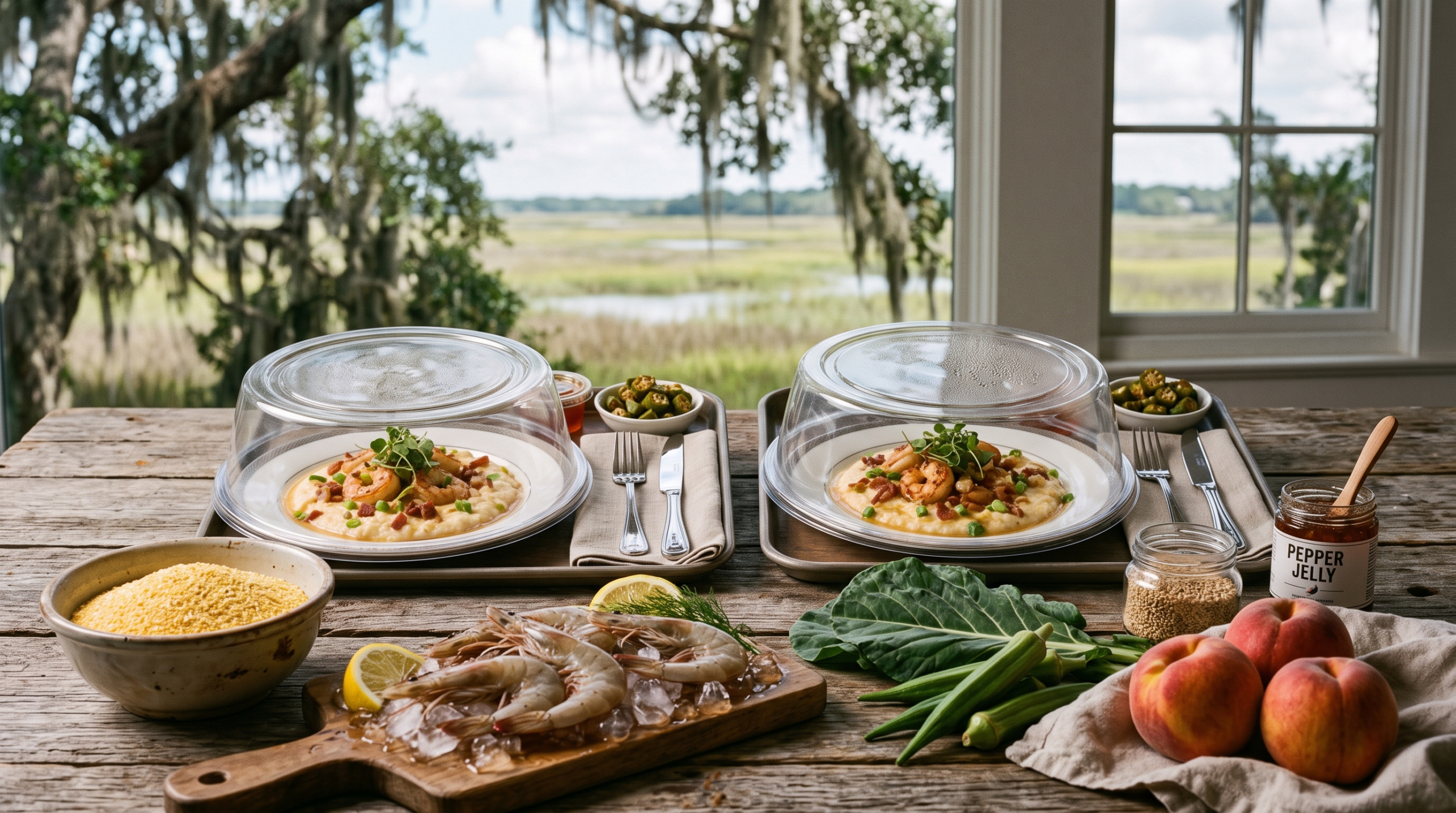 Lowcountry inflight catering — Charleston shrimp, grits, peaches and okra beside sealed private jet meal trays