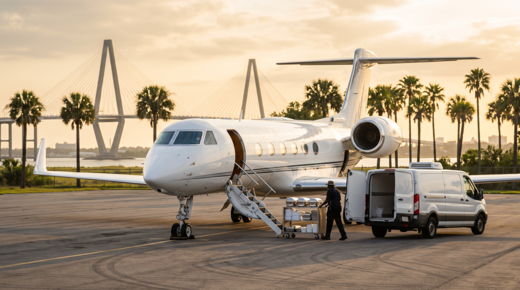 Private jet catering cost — catering van loading meal trays onto a business jet in Charleston, SC at golden hour
