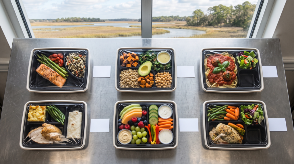 Private jet catering dietary restrictions — labeled kosher, halal, gluten-free and vegan meal trays on a Charleston prep table