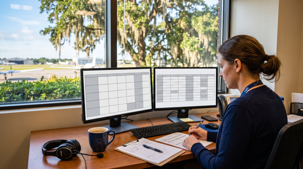 How Far in Advance Should You Order Private Jet Catering? A Scheduler's Timing Guide 2 Private jet catering lead times — a flight department scheduler desk with Charleston live oaks and Spanish moss outside the window