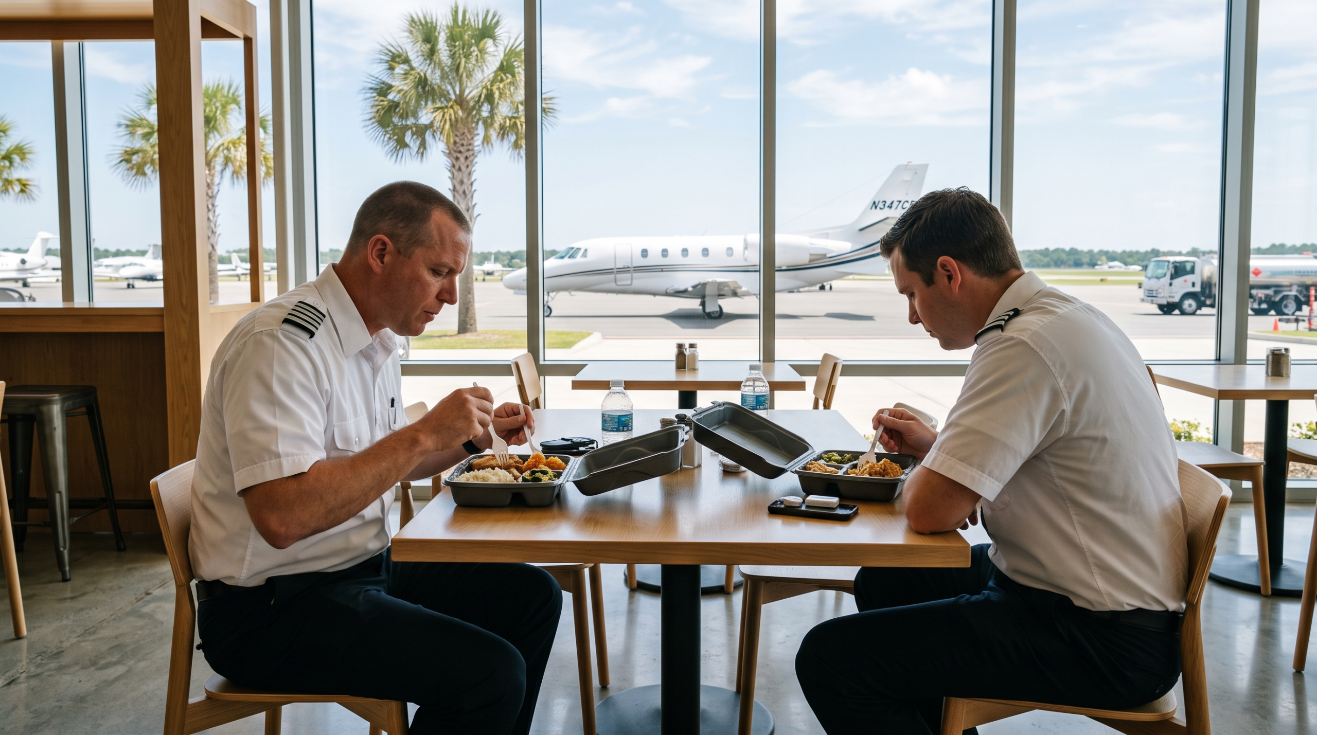 Private jet crew meals — two pilots eating hot crew meals in a Charleston, SC FBO lounge overlooking the ramp