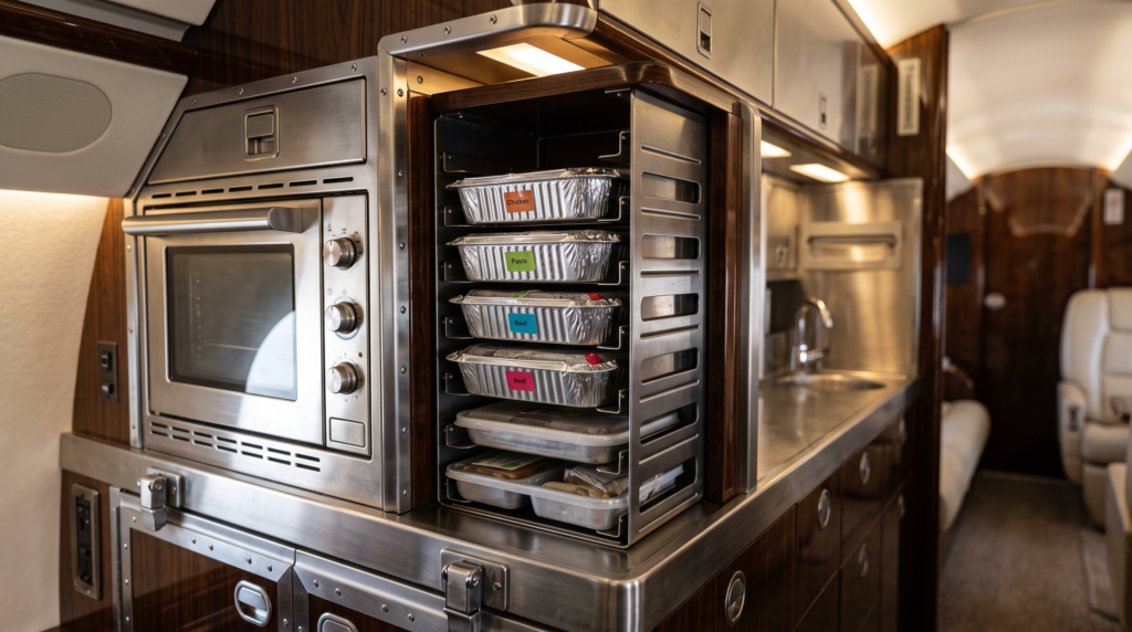 Private jet galley — fitted foil meal containers and sealed trays slotted into a midsize business jet galley