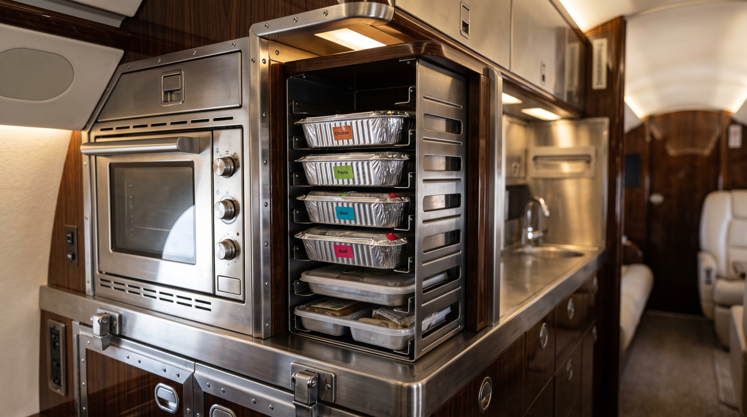 Private jet galley — fitted foil meal containers and sealed trays slotted into a midsize business jet galley