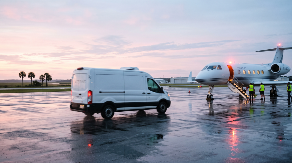 Short-Notice Private Jet Catering: How to Coordinate Premium Inflight Meals on Tight Turnarounds 5 Short-notice private jet catering — refrigerated catering van crossing a Charleston, SC ramp at dawn toward a waiting jet