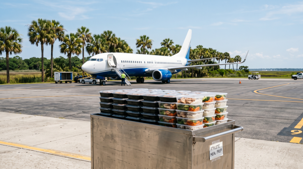 Sports team charter flight catering — stacked athlete meal boxes on a catering cart beside a charter jet in Charleston, SC