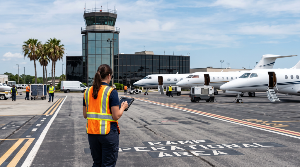 Tail-Number Coordination 101: How Premium Inflight Catering Gets to the Right Plane at the Right FBO 4 Tail number catering coordination — operations coordinator with a tablet on a Charleston, SC FBO ramp with three business jets