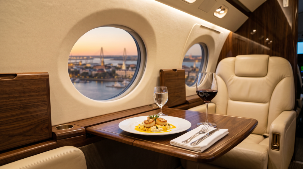 VIP entertainer inflight catering — plated fine-dining course in a private jet cabin over the Charleston, SC waterfront